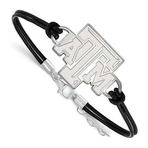Texas A&M University Aggies Large Sterling Silver Center Logo Leather Bracelet